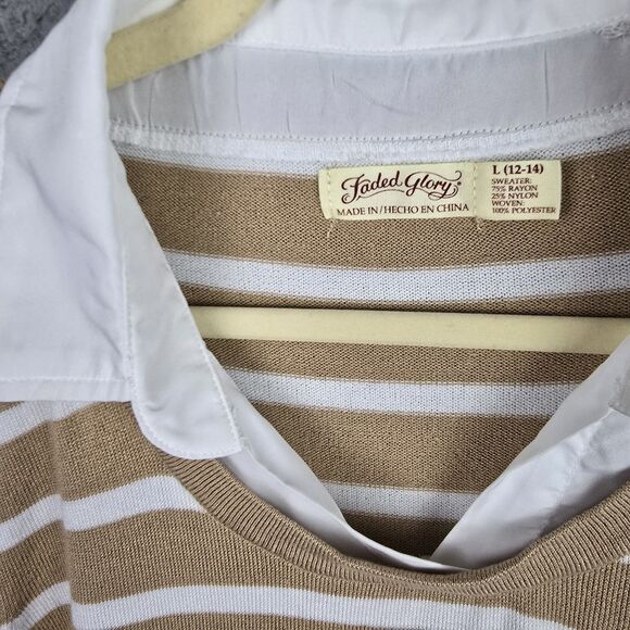 Faded Glory Shirt Sweater Tunic Top L Taupe White Striped Collared Preppy Modern - Picture 7 of 15